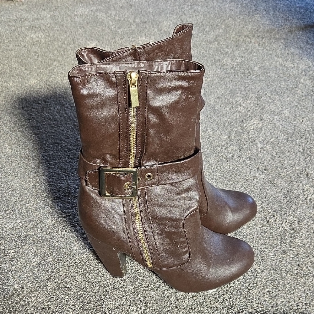 BAMBOO Dark Brown Heeled Boots with Buckle